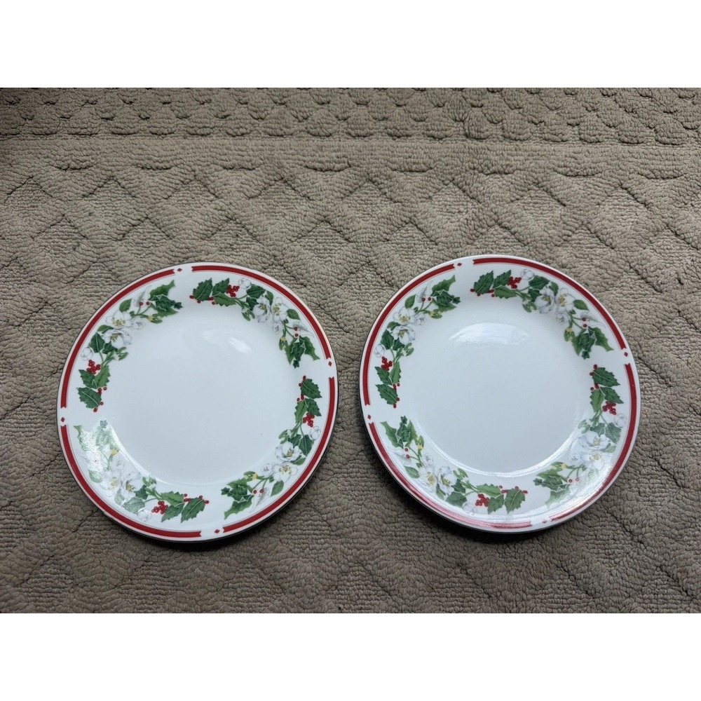 Lynns Fine China St Maria Pattern Bread Dessert Plate Christmas Holly- Set Of 2
